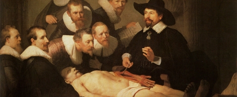 The Anatomy Lesson of Dr. Nicolaes Tulp, a 1632 oil painting by Rembrandt housed in the Mauritshuis museum in The Hague, the Netherlands.